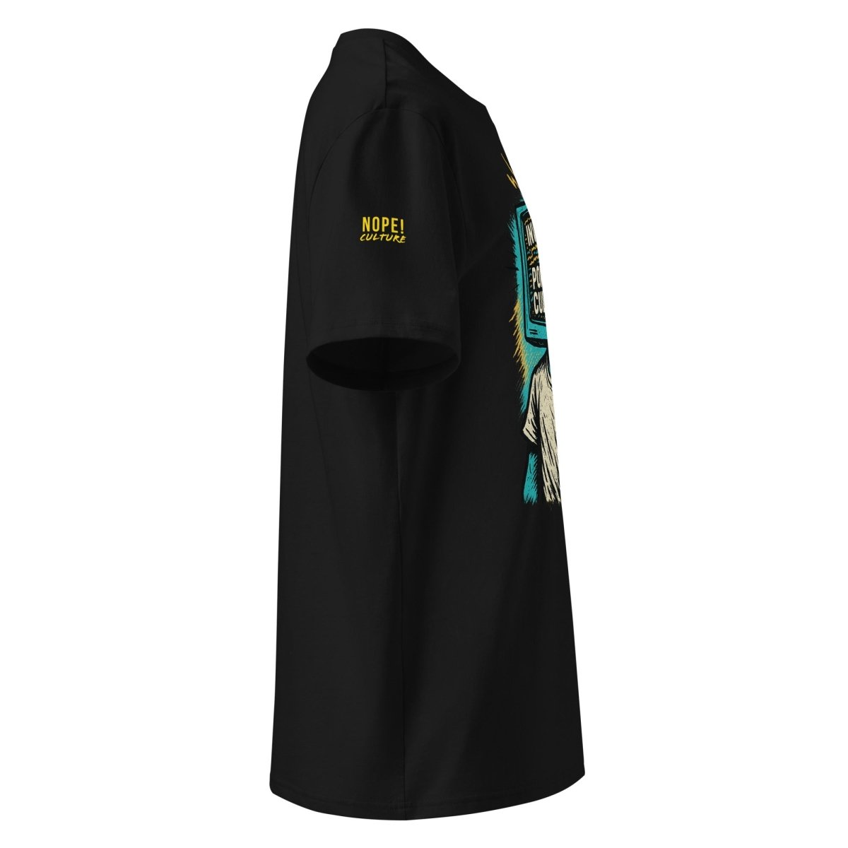 Side view of NOPE! Culture logo on black cotton tee