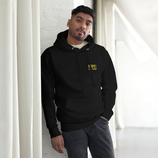 Man wearinf NOPE! Culture black cotton hoodie