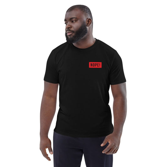 Man in a Black cotton T-shirt with bold red NOPE! logo