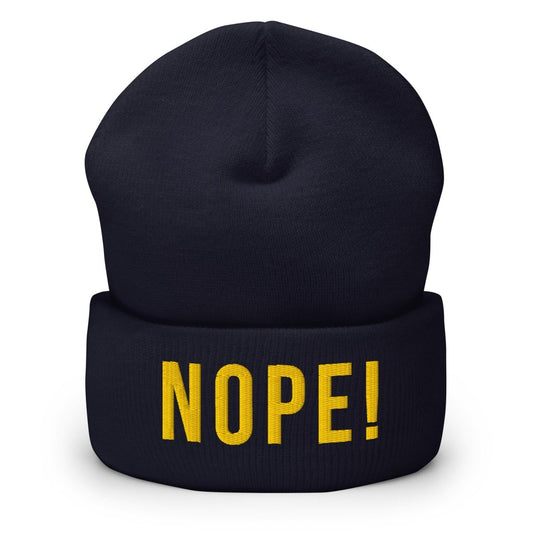 Navy acrylic beanie with bold embrtoided yellow NOPE\1 logo