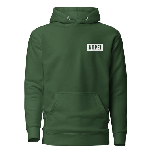 Soft forest green cotton hoodie with cool white NOPE! Logo by NOPE! Culture