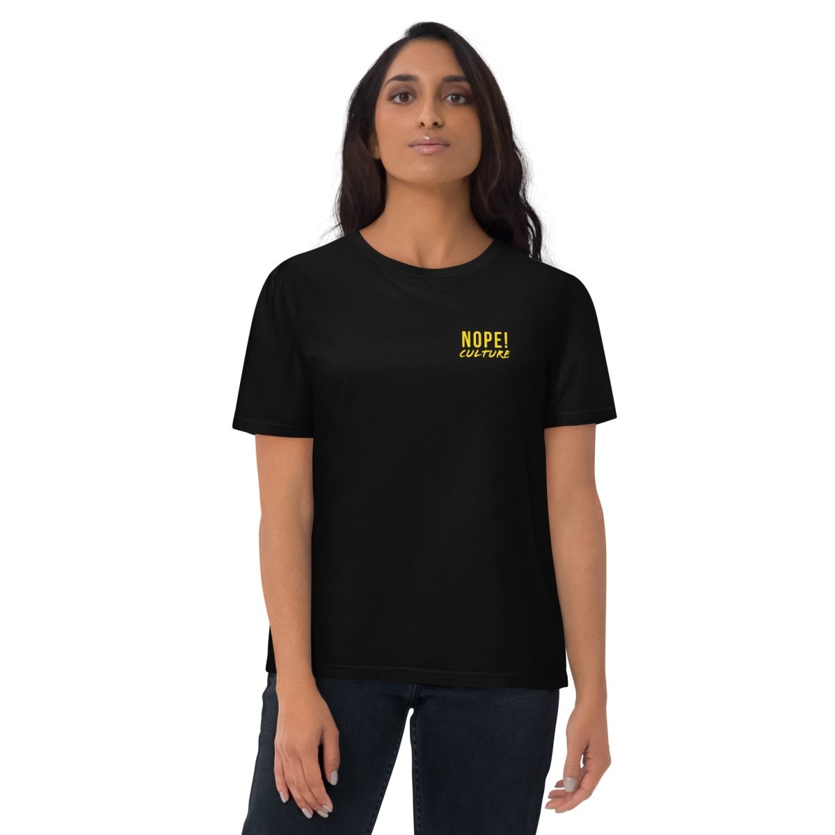 Woman wearing wearing classic black cotton NOPE! Culture tee