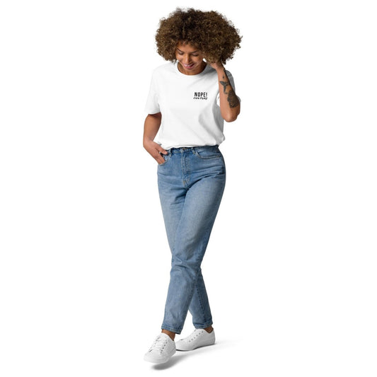 Lady wearing NOPE! Culture white cotton tee