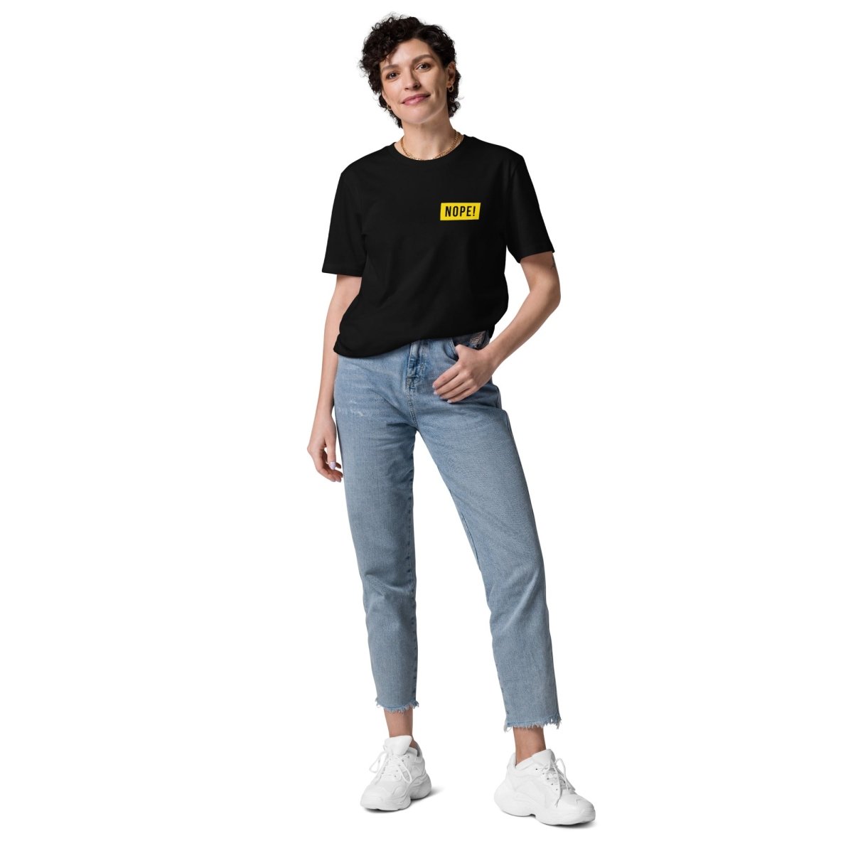 Woman wearing NOPE! black cotton tee