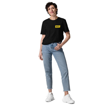 Woman wearing NOPE! black cotton tee
