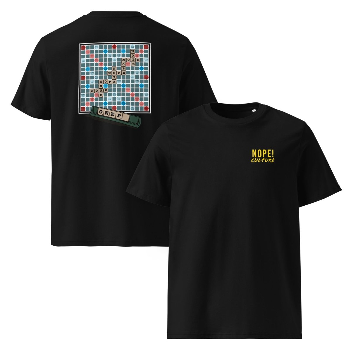 NOPE! Culture scrabble tee, back and front view