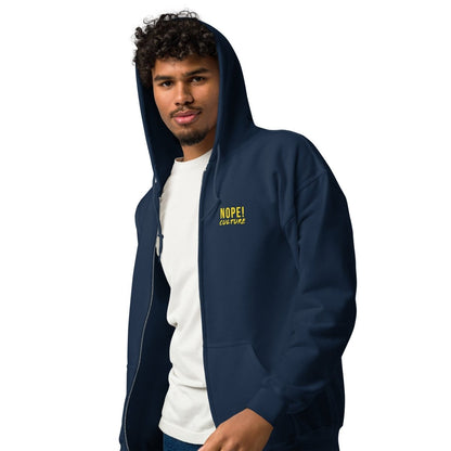 Man wearing navy NOPE! Culture zip cotton hoodie
