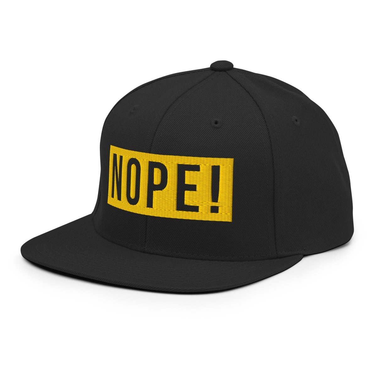 Front side view of High profile black cap with yellow embroided NOPE!