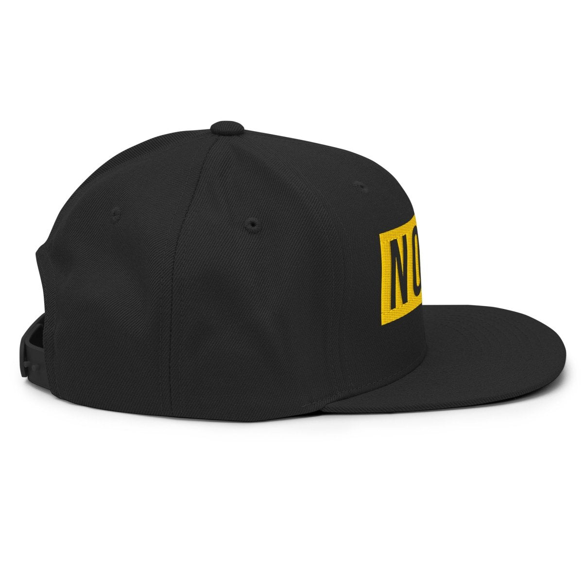 Side view High profile black cap with yellow embroided NOPE!