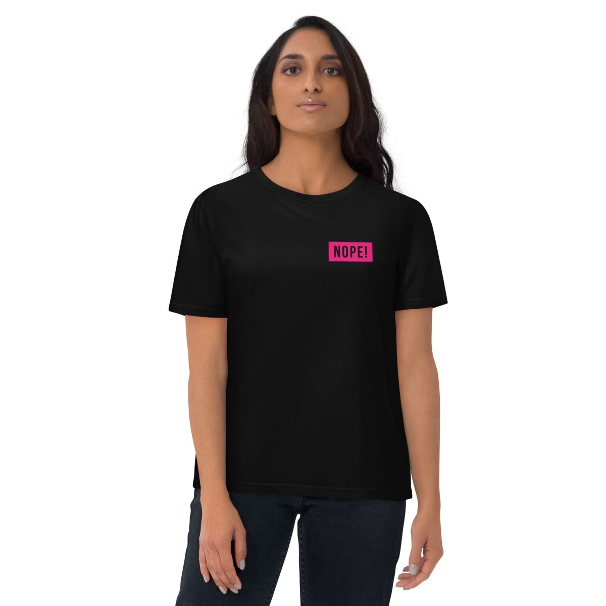 Woman in Black cotton T-shirt with pink NOPE! logo