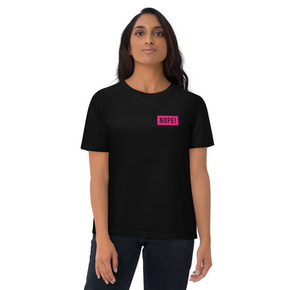 Woman in Black cotton T-shirt with pink NOPE! logo