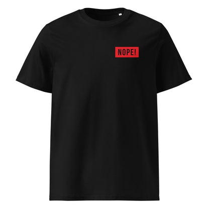 Black cotton T-shirt with bold red NOPE! logo