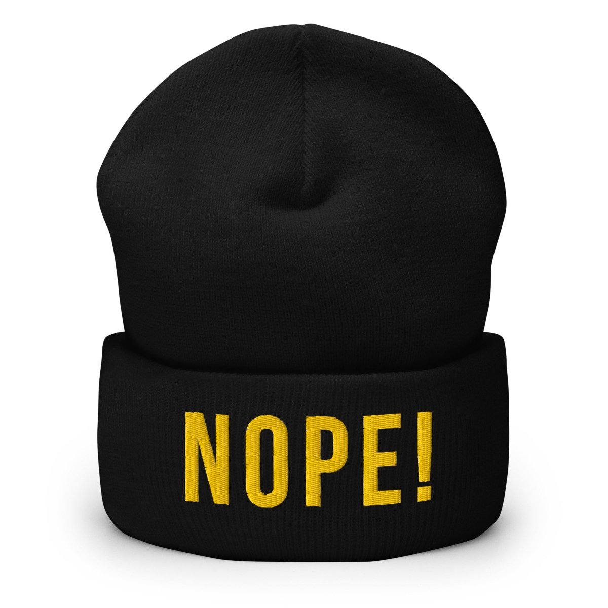 Black acrylic beanie with bold embrtoided yellow NOPE1 logo