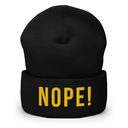Black acrylic beanie with bold embrtoided yellow NOPE1 logo