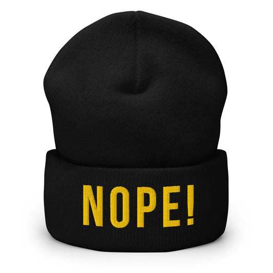 Black acrylic beanie with bold embrtoided yellow NOPE1 logo